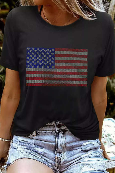 T-shirt décontracté à col rond et drapeau américain avec strass noir