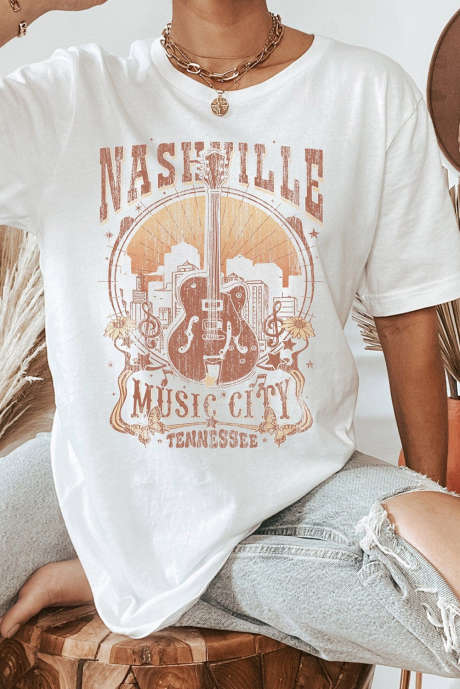 T-shirt graphique blanc vintage NASHVILLE Music City Crewneck