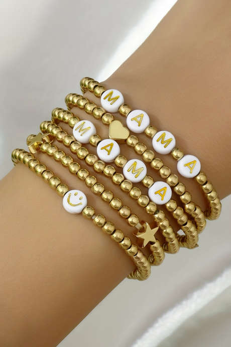 Set di braccialetti con perline placcati a forma di stella a forma di cuore MAMA in oro da 6 pezzi