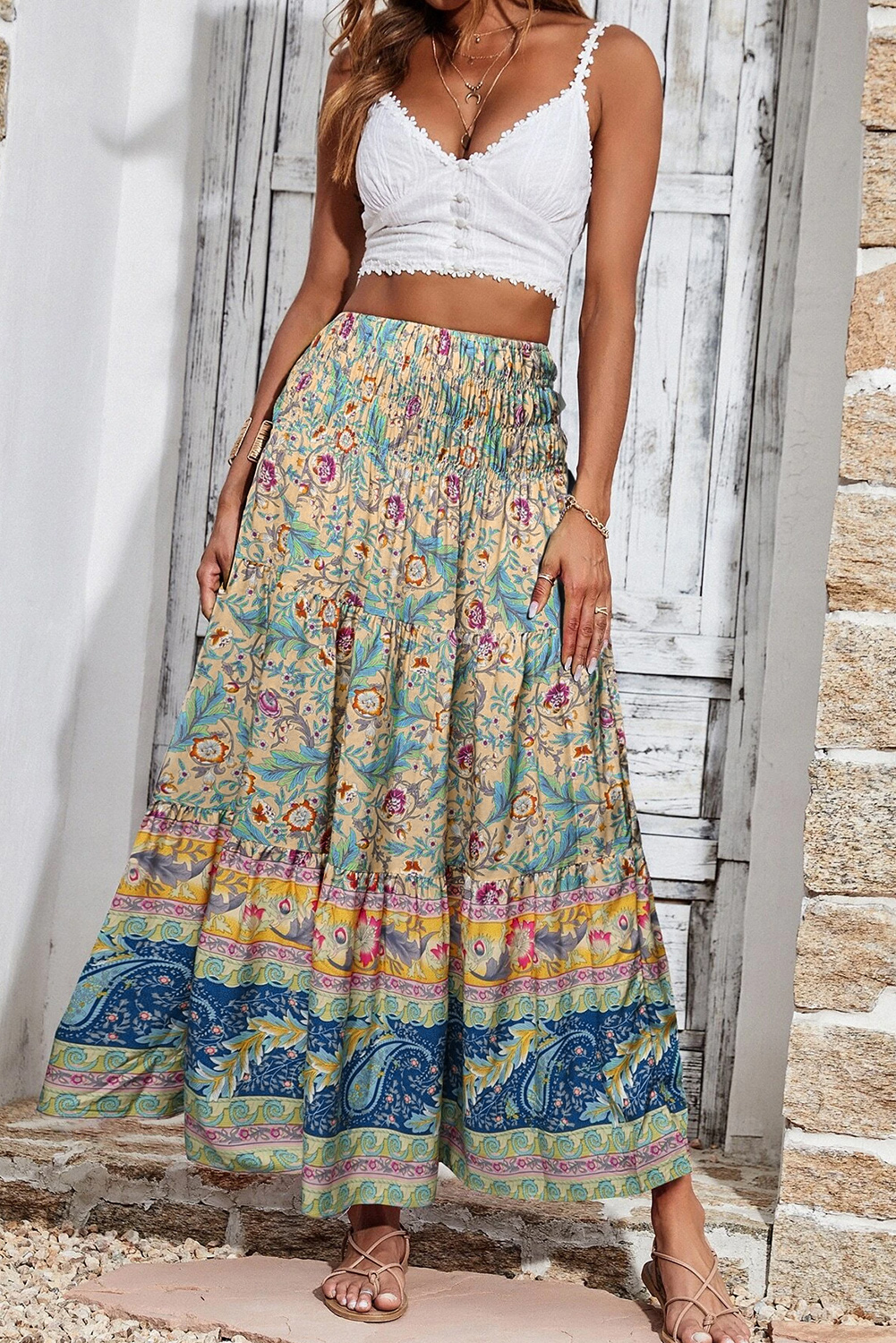 $7.37 Sky Blue Boho Floral & Paisley Print Shirred Waist Long Skirt ...