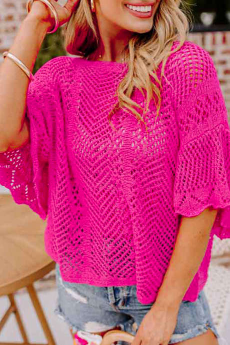 Rose Red Pointelle Knit Kamskjell Edge Kortermet Topp