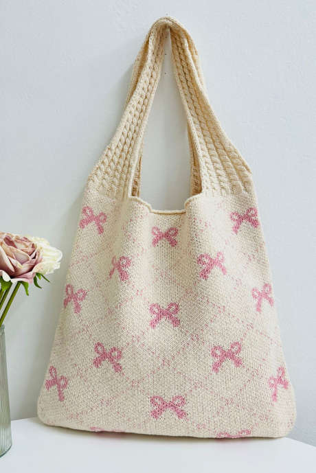 Sac à bandoulière en tricot à sangle texturée beige Sweet Bowknot