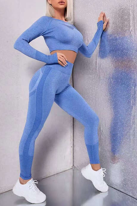 Hemelsblauwe effen kleur crop top legging met lange mouwen yoga sportset
