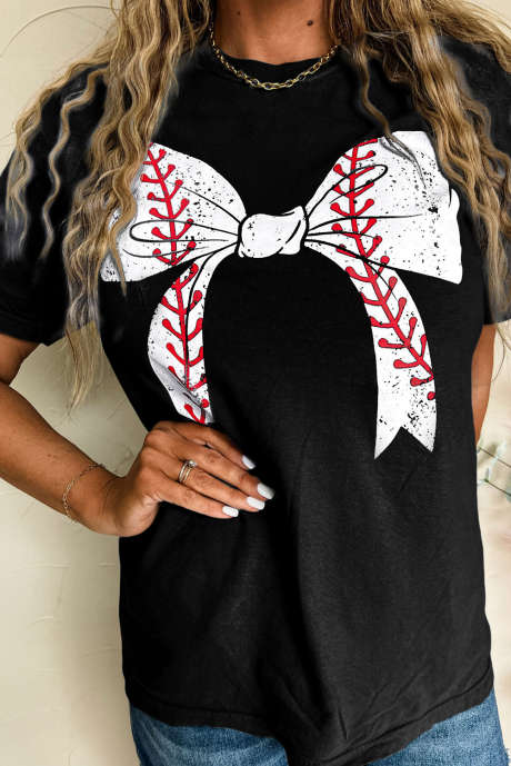 T-shirt décontracté graphique noir avec nœud papillon de baseball
