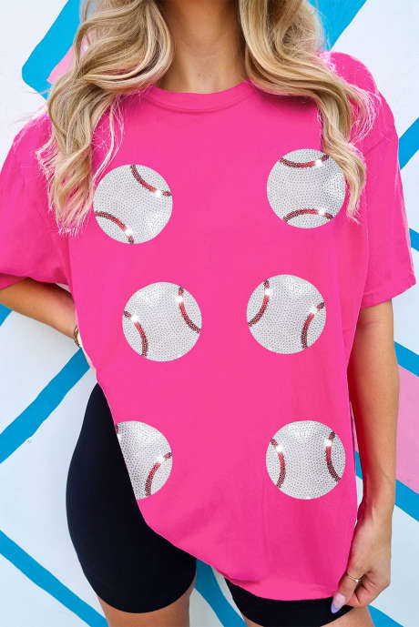 Rozerood honkbal grafisch katoenen T-shirt met lovertjes