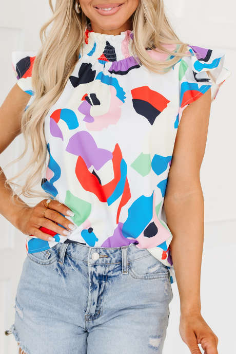 Veelkleurige gesmokte blouse met abstracte print en ruche mouwen