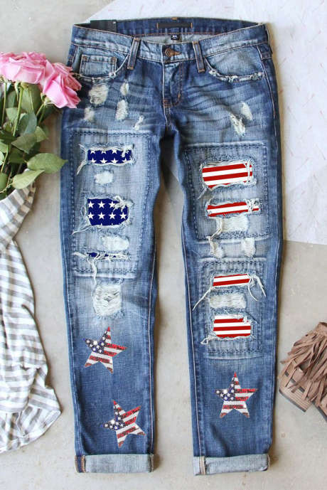 Jeans dritti invecchiati con grafica a stella e bandiera americana con paillettes blu cielo