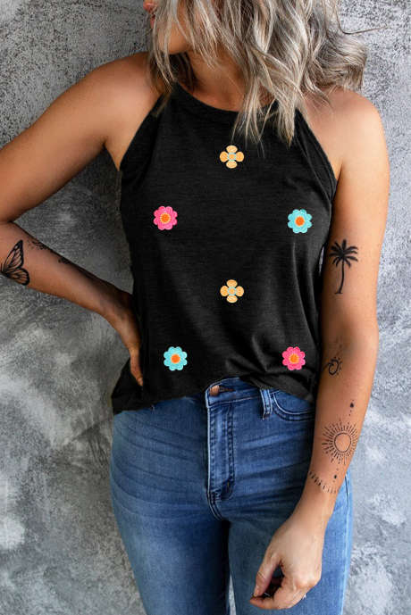 Zwarte zoete bloemenborduurwerk casual tanktop