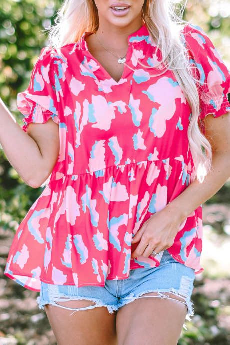 Rose Abstrakt Print Smocked Puff Sleeve Bluse med V-hals