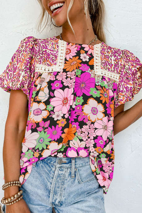 Rose Red Bubble Sleeve Spetskant Blommig blus med blandat tryck