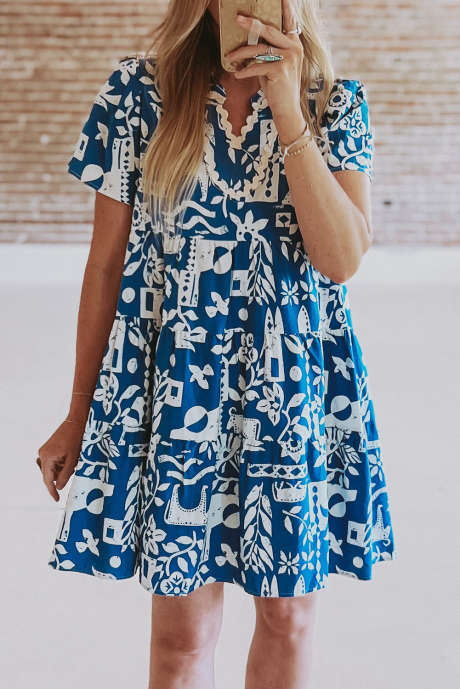 Blå Ricrac Trim Split Neck Floral Løs Kjole