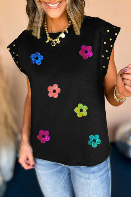 Zwart glanzend T-shirt met grafische bloemen en kapmouwtjes