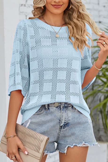 Myosotis Eyelet Checker pletena majica s pol rokavi