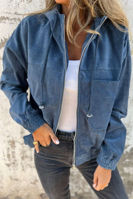 Jaqueta de veludo cotelê Real Teal com capuz e bolso com zíper LC8513332-P705