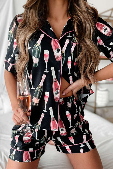 Schwarzes, seidiges Kurzarm-Pyjama-Set mit Champagner-Print LC15885-P2