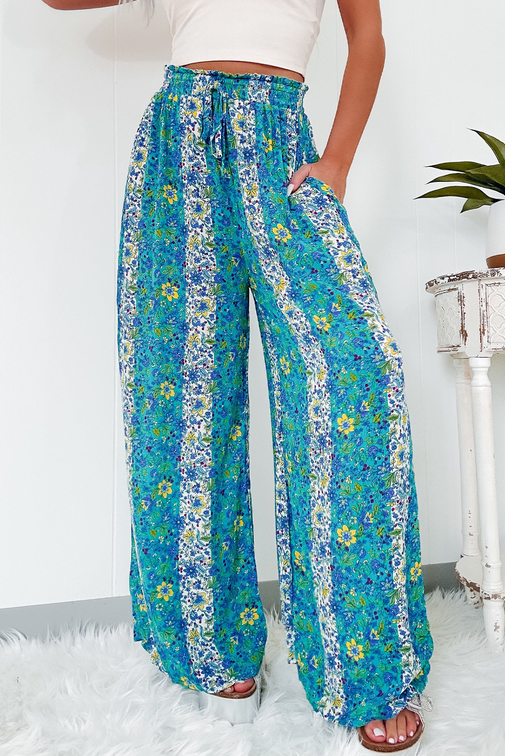 Pre-Order Sky Blue Geometric/ Floral/ Botanic Print Shirred Waistband Wide Leg Pants