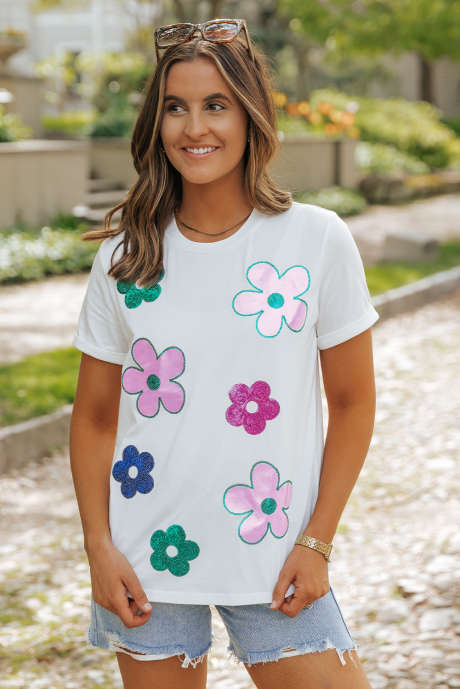 Wit T-shirt met ronde hals en bloemenpatroon met lovertjes