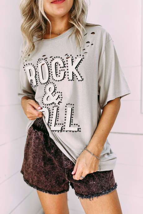 Γκρι Rock & Roll Graphic Distressed Vintage Tee
