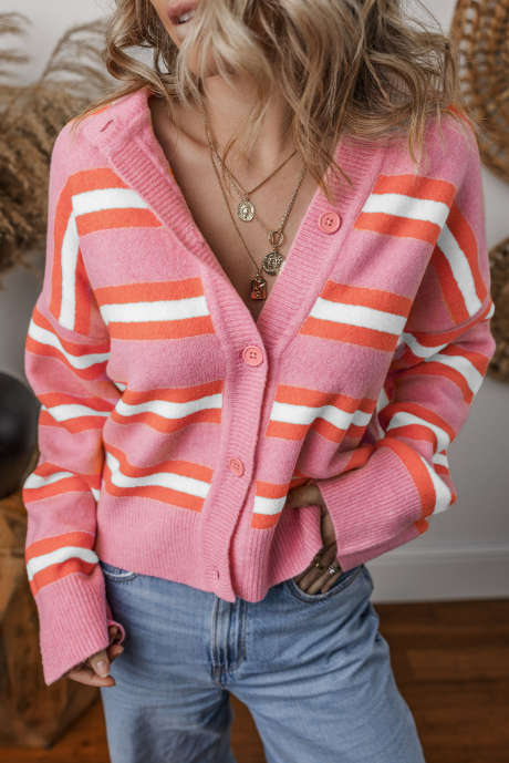 Pink Stripe Drop Shoulder Buttons Cardigan genser