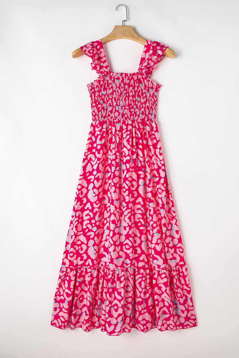 $10.83 Pink Leopard Ruffle Straps Smocked High Waist Long Dress Wholesale