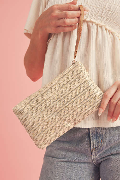 Grand portefeuille à fermeture éclair avec dragonne tissée en paille d'avoine