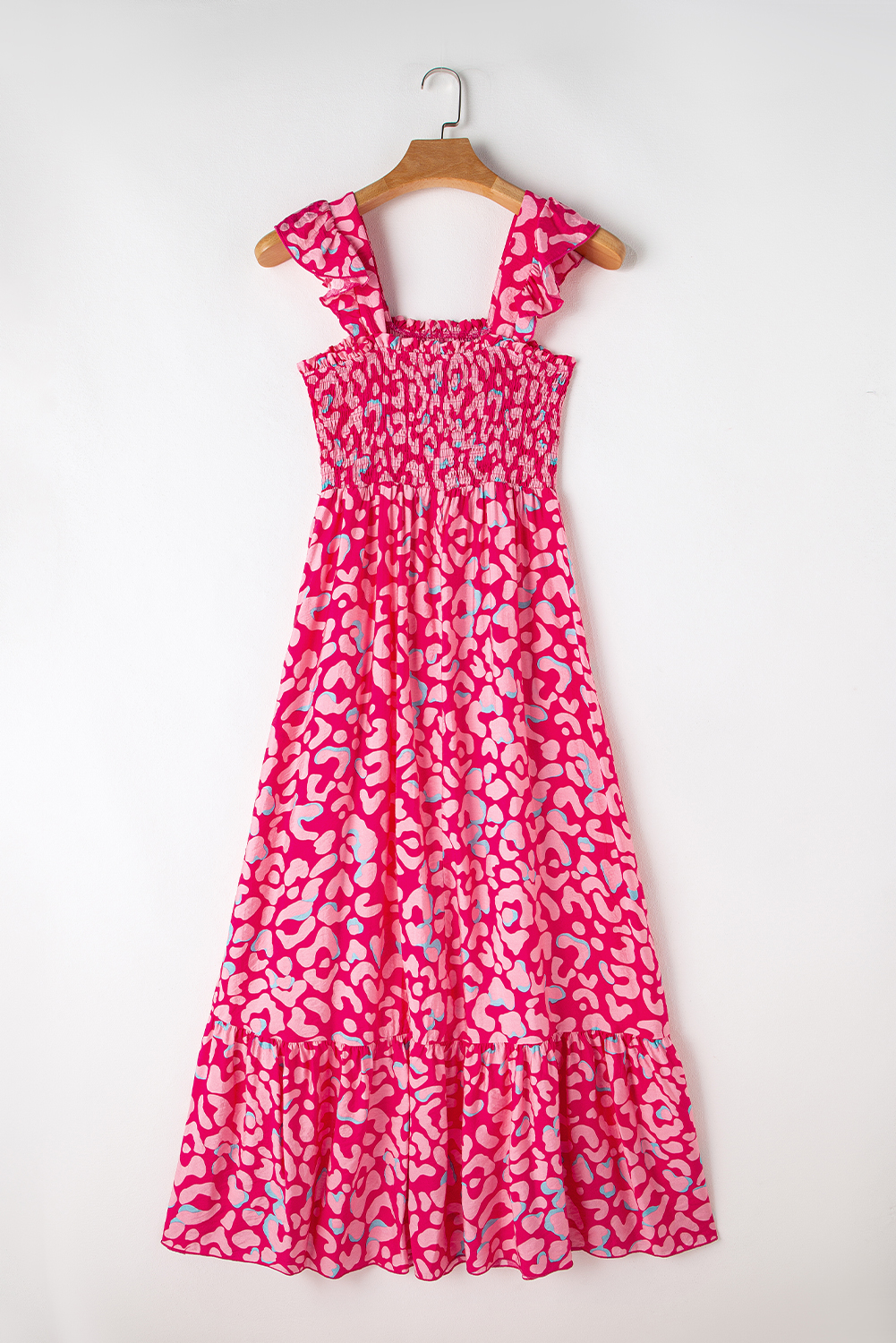 $10.83 Pink Leopard Ruffle Straps Smocked High Waist Long Dress Wholesale