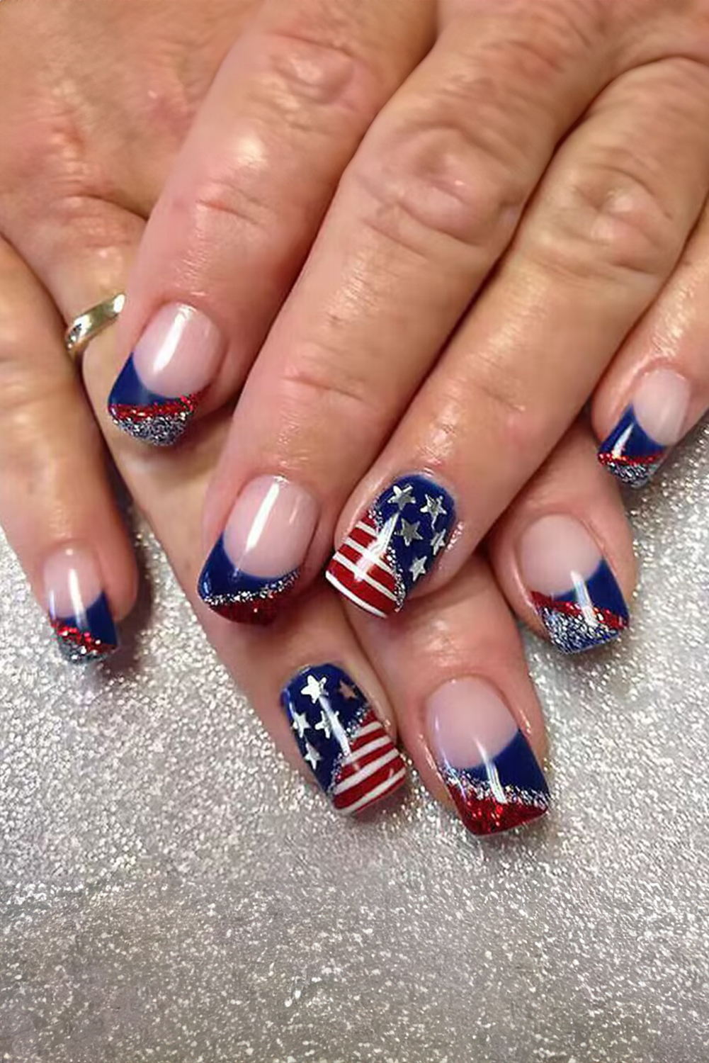 $1.95 Dark Blue American Flag Shiny Square False Nails Wholesale