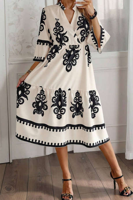 Robe midi ample beige à imprimé géométrique occidental et manches 3/4