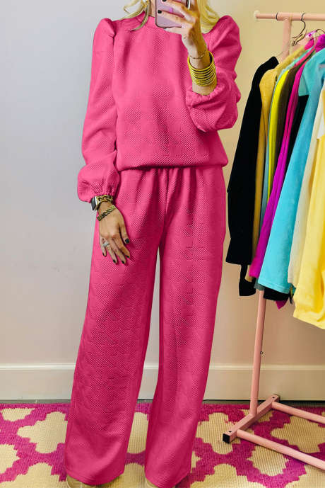 Conjunto de pantalones y top con mangas abullonadas texturizadas en rojo rosa LC626340-P6