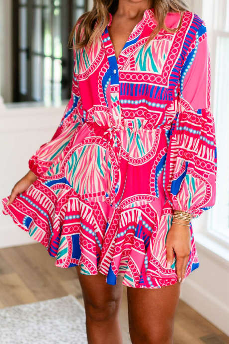 Rose Boho Abstrakt trykt Puff Sleeve Snøring Midje Ruffled Mini Dress