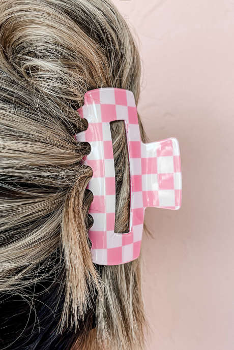 Zakje met roze geruite print uitgeholde haarclip