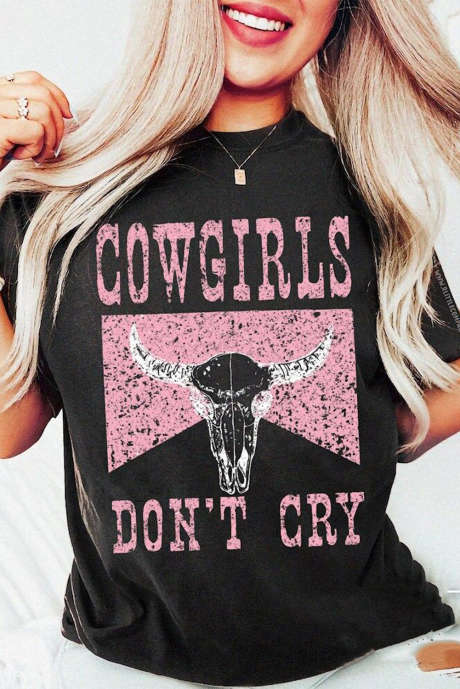 Top cu mânecă scurtă, negru, COWGIRL DONT CRY