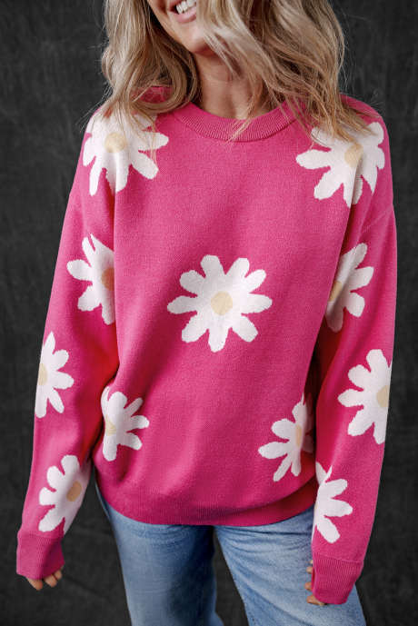 Maglione a maniche lunghe girocollo con fiore margherita rosa brillante LC2724675-P106