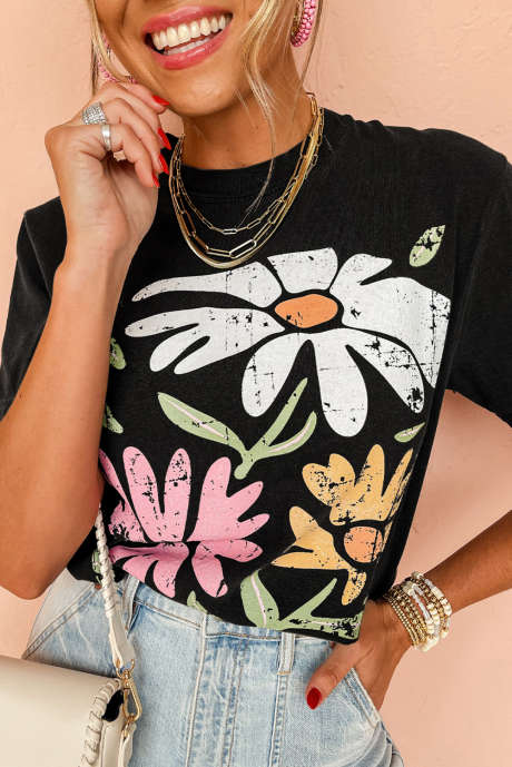 Zwart retro casual T-shirt met bloemenprint en ronde hals