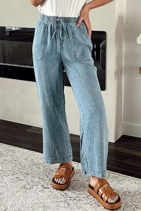 Myosotis Mineral Wash Drawstring Elastic Waistband Loose Straight Denim Pants
