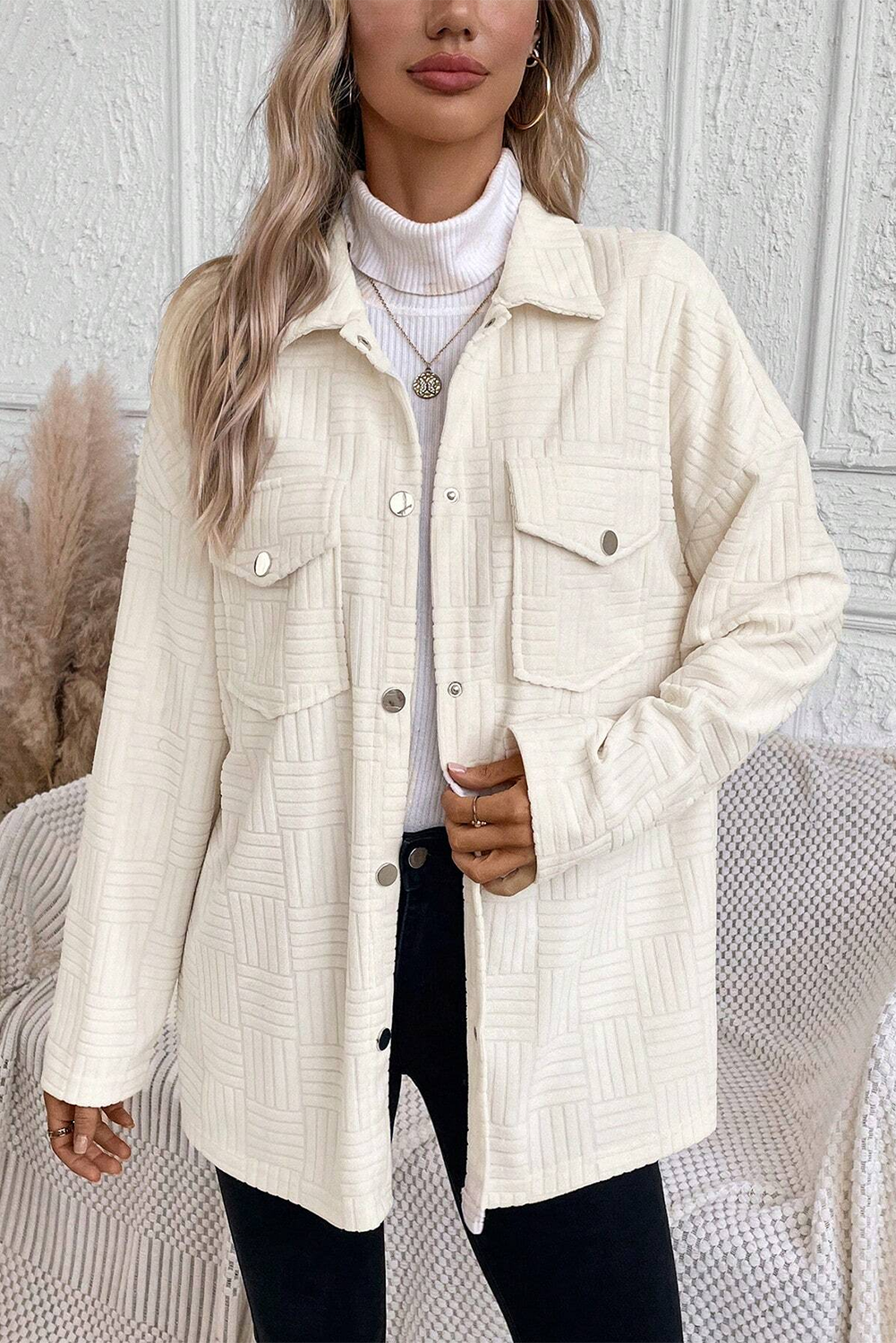 $10.98 Beige Textured Knit Flap Pockets Snap Button Collared Shacket ...