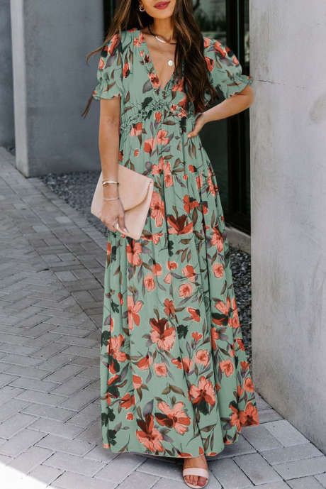 Green Fiery Floral Print Frilled V Neck Short Sleeve Maxi Dress LC6110075-9