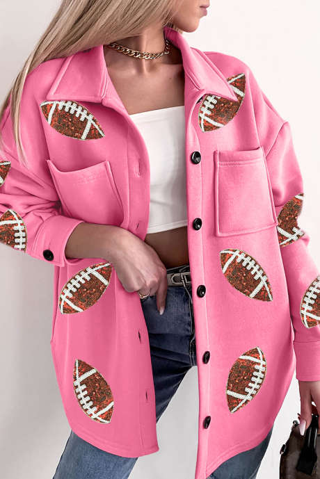 Pink Sequin Rugby Chest Pockets Collared Button-up Shacket