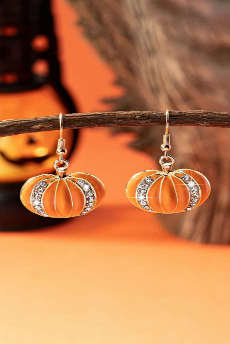 Bông tai móc bí ngô đính đá Halloween màu cam