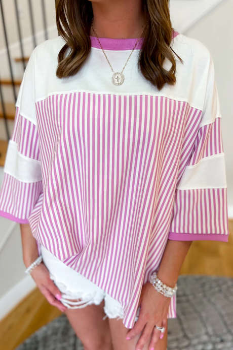 Phalaenopsis Striped Patchwork 3/4 Sleeve Casual Top LC25128052-P608