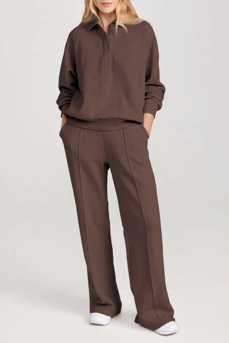 Dark Brown Solid Collared Sweatshirt and High Waist Pants Active Set