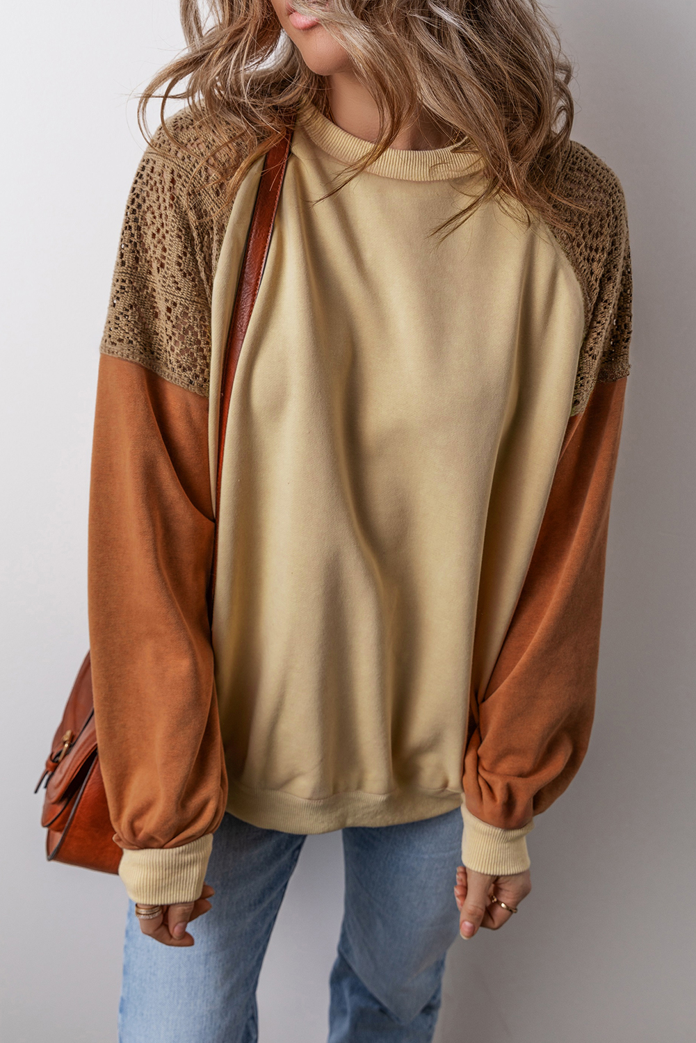 $7.5 Khaki Lace Patchwork Colorblock Drop Shoulder