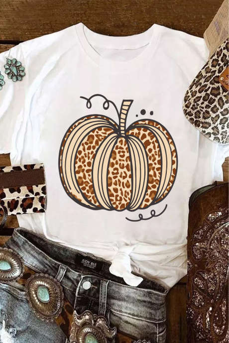 T-shirt d'Halloween à col rond et motif citrouille léopard blanc