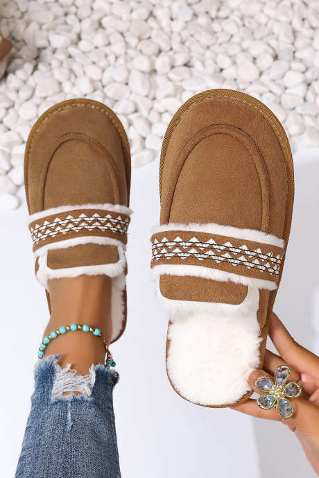 Chestnut Suede Wavy Striped Plush Lined Slippers (Run Small, Size Up) BH023798-P2017