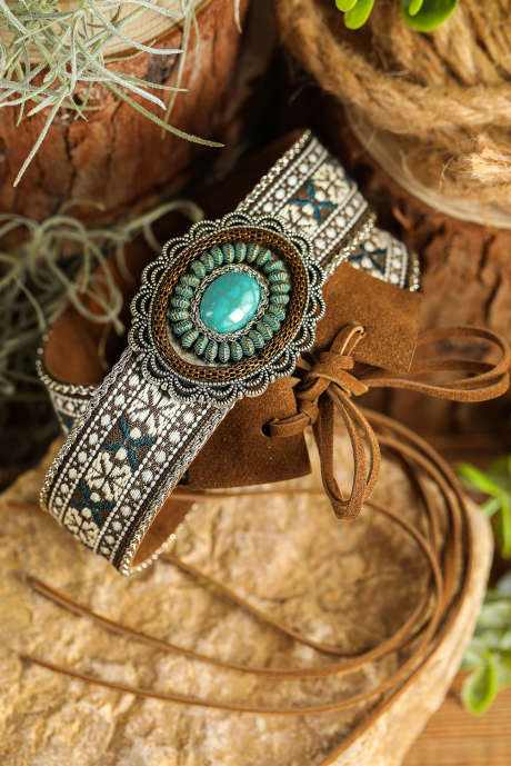 ライトブルー ウエスタン柄 ターコイズ装飾 レースアップ PUレザー ハットバンド