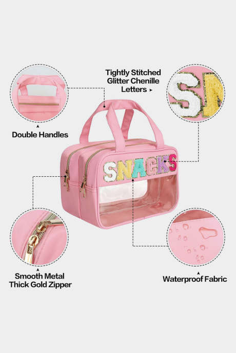 Bolsa portátil de dupla camada em PVC transparente Pink SNACKS