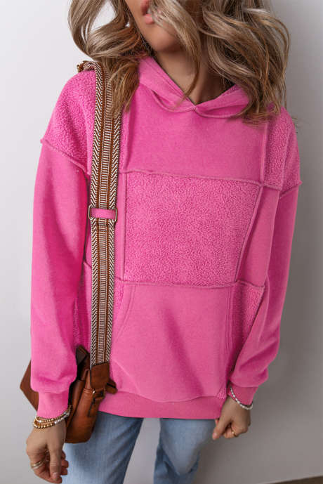 Sudadera con capucha y cordón de patchwork de felpa con lavado mineral rosa Pitaya LC25317417-P206