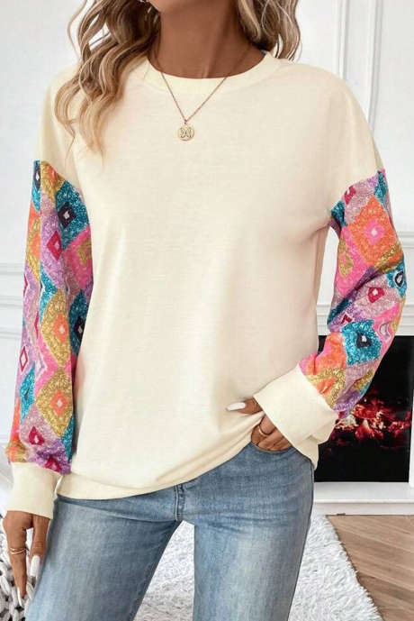 Abrikoos geometrisch bedrukte patchwork top met lange mouwen en ronde hals