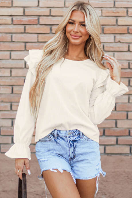 Beige Cordbluse mit Rüschen und Volantärmeln