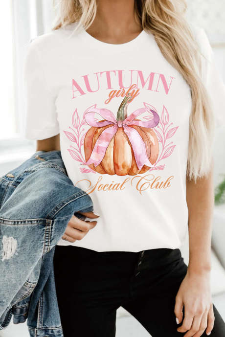 T-shirt blanc automne Girly Thanksgiving Bowknot citrouille graphique